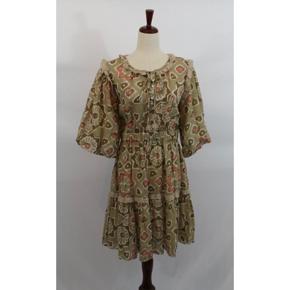 LET ME BE Anthropologie Sz M Medium Celeste Dress Tan Coral Ramie